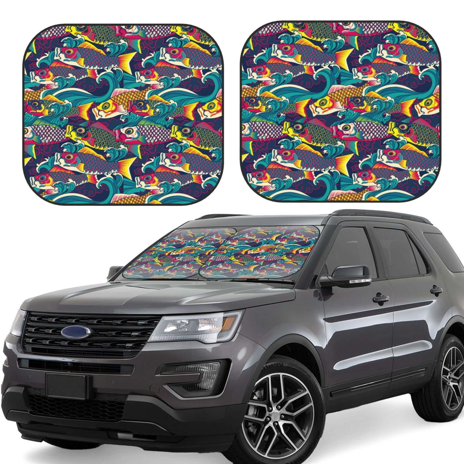 Car Windshield Sun Shade Foldable, Colorful Carp Streamer 2 Piece Car ...
