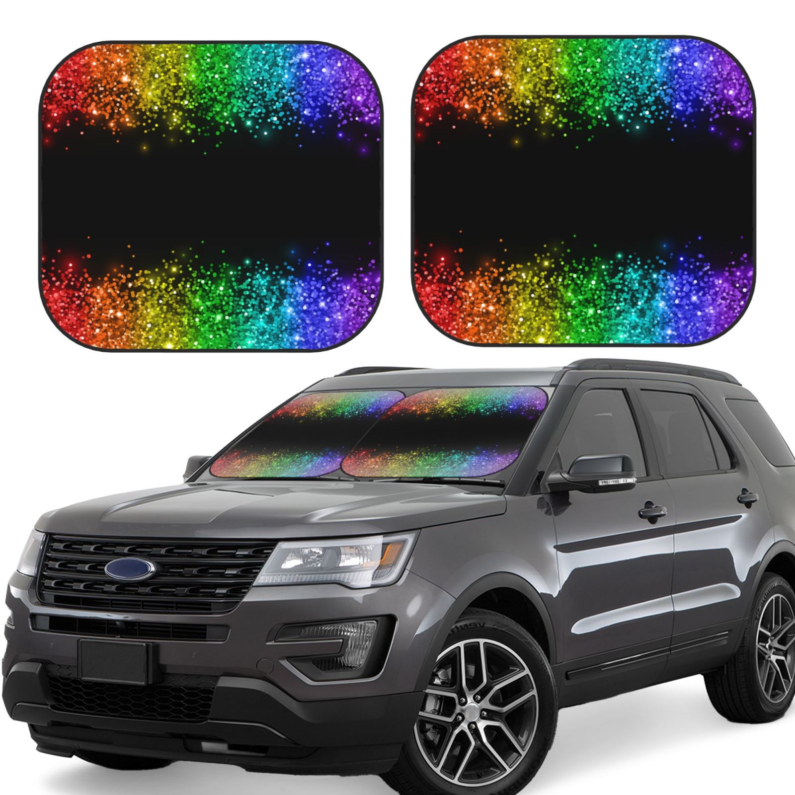Car Windshield Sun Shade Foldable, Multicolor Glitter Border 2 Piece ...