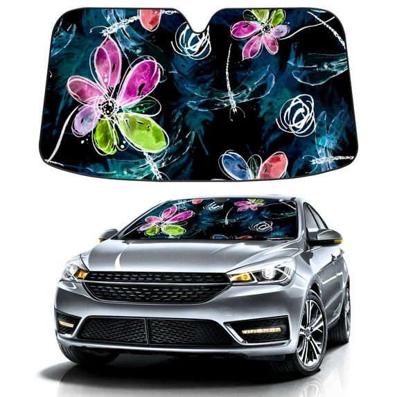 Car Windshield Sun Shade For Front Window Abstract Art Dragonfly Flower Foldable Vehicle Windshield Car Sun Visor Covers Automotive Window Protector Car Camping Privacy Sun Blocker