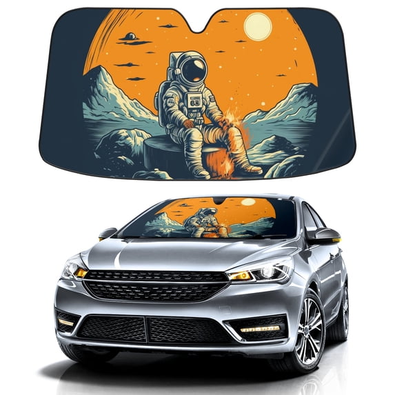 Car Windshield Sun Shade For Front Window Astronaut Bonfire Foldable Vehicle Windshield Car Sun Visor Covers Automotive Window Protector Car Camping Privacy Sun Blocker