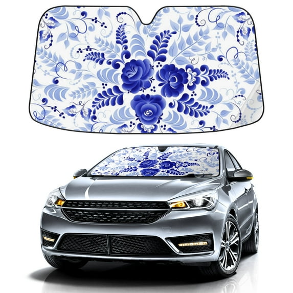 Car Windshield Sun Shade For Front Window Blue White Flowers Foldable Vehicle Windshield Car Sun Visor Covers Automotive Window Protector Car Camping Privacy Sun Blocker