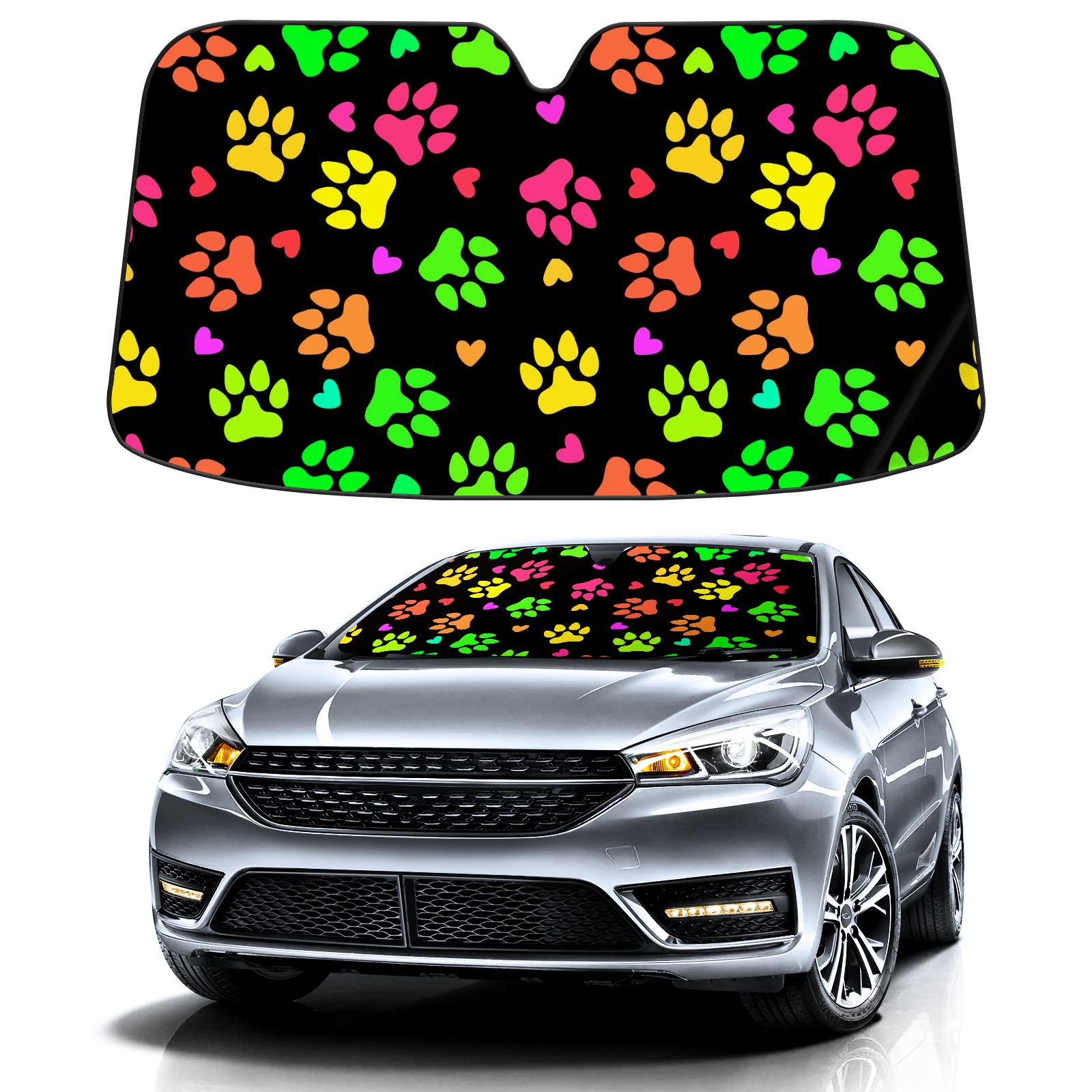 Car Windshield Sun Shade For Front Window Cartoon Dog Cat Paw Print Foldable Vehicle Windshield