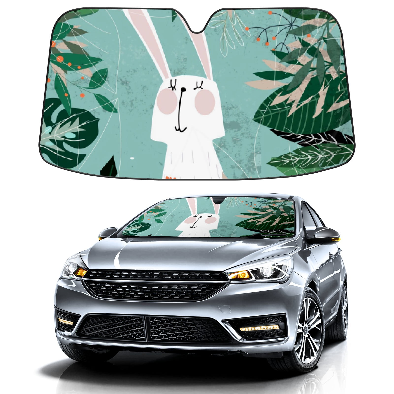 Car Windshield Sun Shade For Front Window Cartoon Green White Rabbit