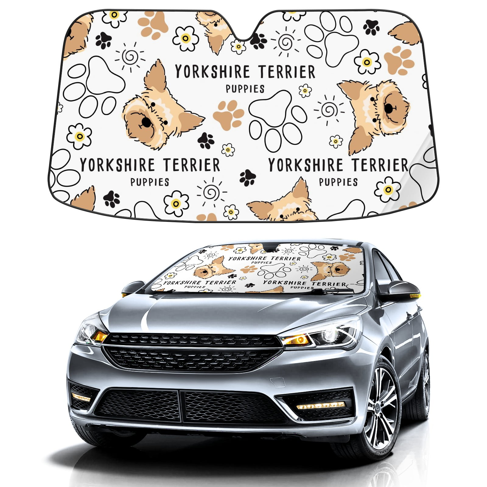 Car Windshield Sun Shade For Front Window Cute Dog Paw Print Daisy Foldable Vehicle Windshield