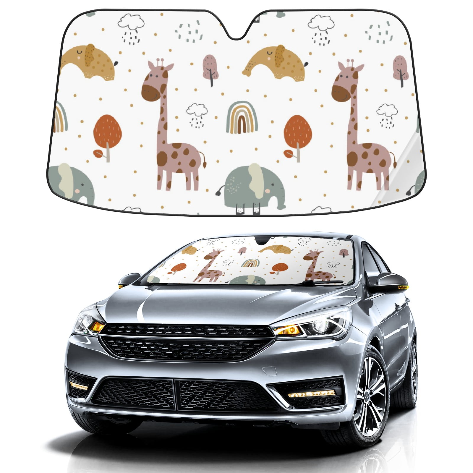 Car Windshield Sun Shade For Front Window Cute Giraffe Elephant Zoo Animal Foldable Vehicle Windshield Car Sun Visor Covers Automotive Window