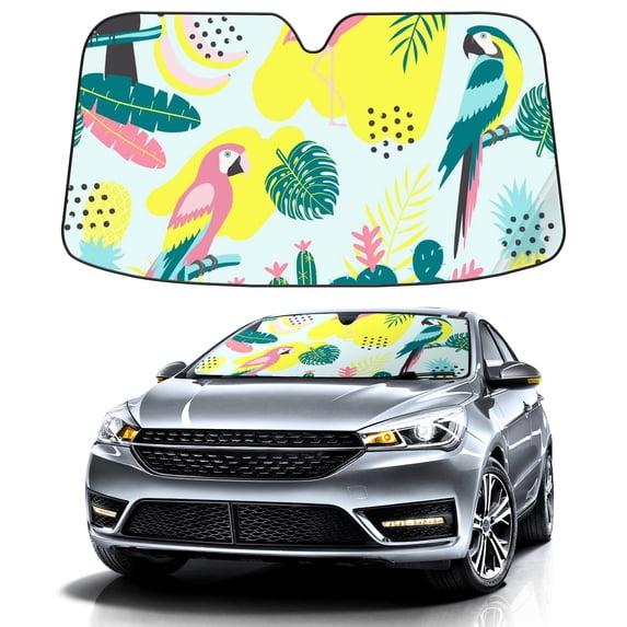 Car Windshield Sun Shade For Front Window Flamingo Palm Leaves Foldable Vehicle Windshield Car Sun Visor Covers Automotive Window Protector Car Camping Privacy Sun Blocker