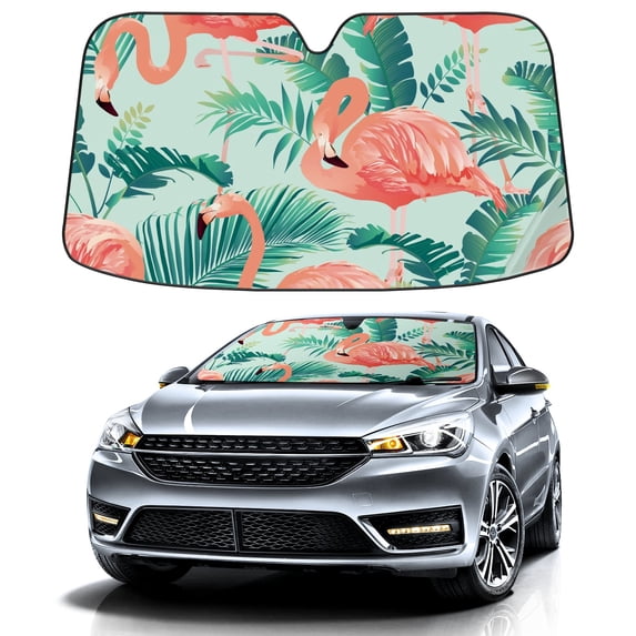 Car Windshield Sun Shade For Front Window Flamingo Palm Leaves Foldable Vehicle Windshield Car Sun Visor Covers Automotive Window Protector Car Camping Privacy Sun Blocker