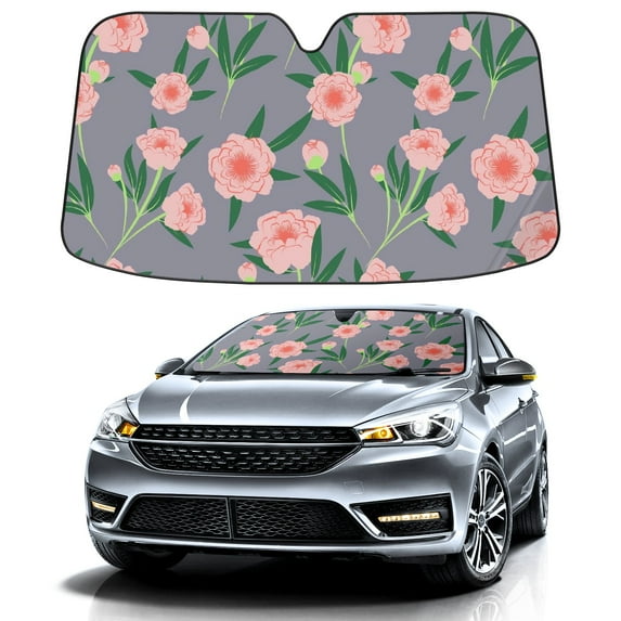 Car Windshield Sun Shade For Front Window Gray With Pink Flowers Foldable Vehicle Windshield Car Sun Visor Covers Automotive Window Protector Car Camping Privacy Sun Blocker