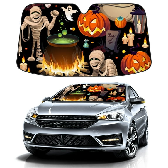 Car Windshield Sun Shade For Front Window Halloween Pumpkin Candy Mummy Foldable Vehicle Windshield Car Sun Visor Covers Automotive Window Protector Car Camping Privacy Sun Blocker