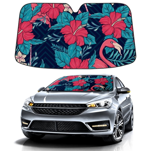Car Windshield Sun Shade For Front Window Hawaiian Floral And Flamingo Foldable Vehicle Windshield Car Sun Visor Covers Automotive Window Protector Car Camping Privacy Sun Blocker