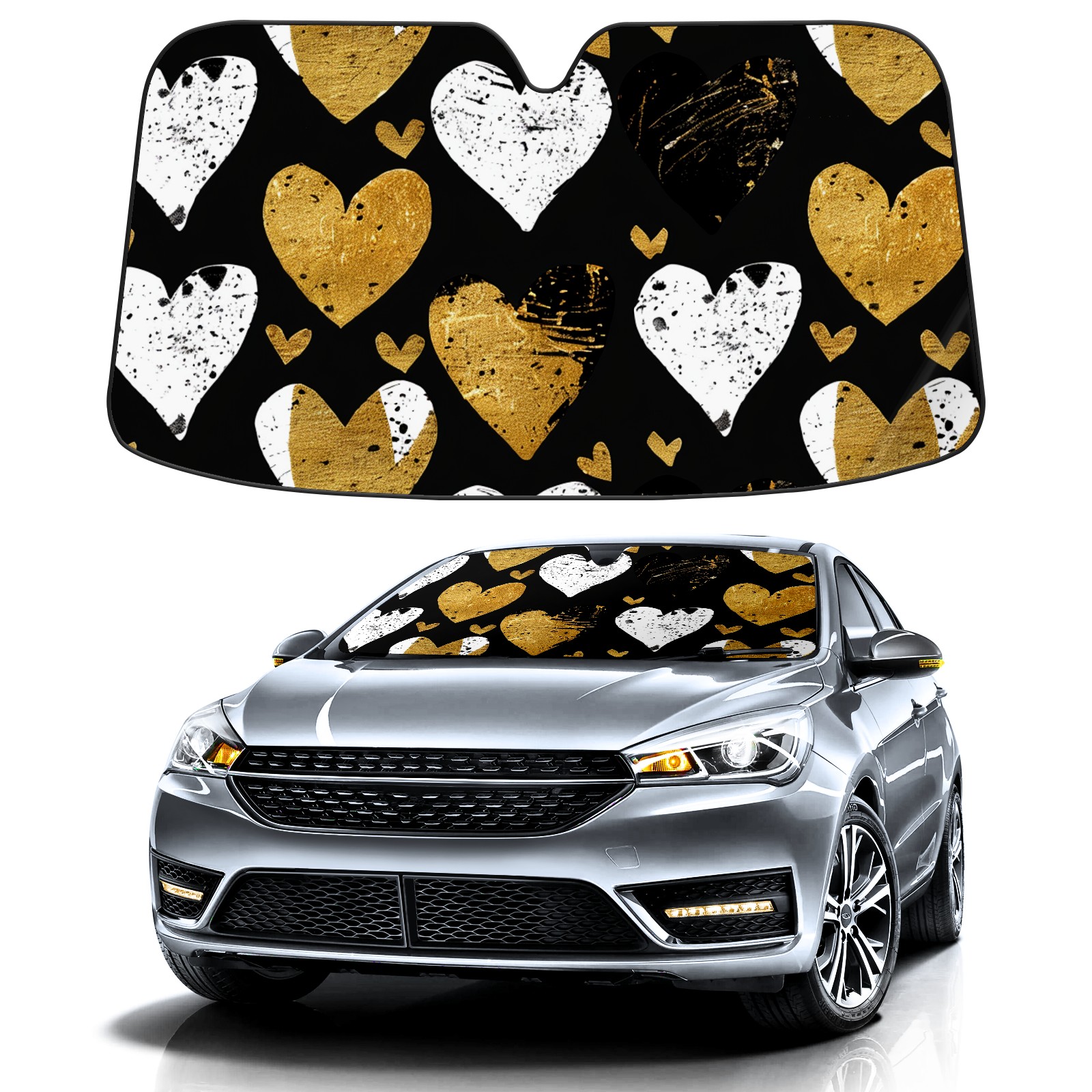Car Windshield Sun Shade For Front Window White Gold Hearts (1 ...