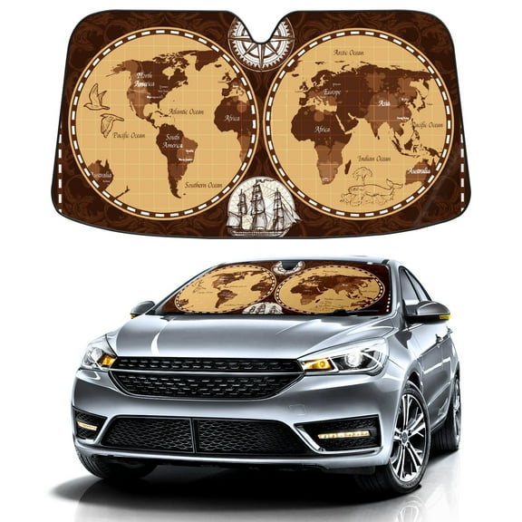 Car Windshield Sun Shade for Front Window Retro World Map Foldable Vehicle Windshield Car Sun Visor Covers Automotive Window Protector Car Privacy Sun Blocker