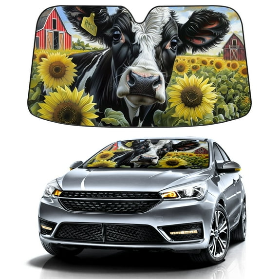 Car Windshield Sun Shade Funny for Car Front Window Cow Sunflower Farm Foldable Car Sunshade Windshield | Vehicle Car Sun Visor UV Rays &Heat Blocker Covers Auto Window Protector