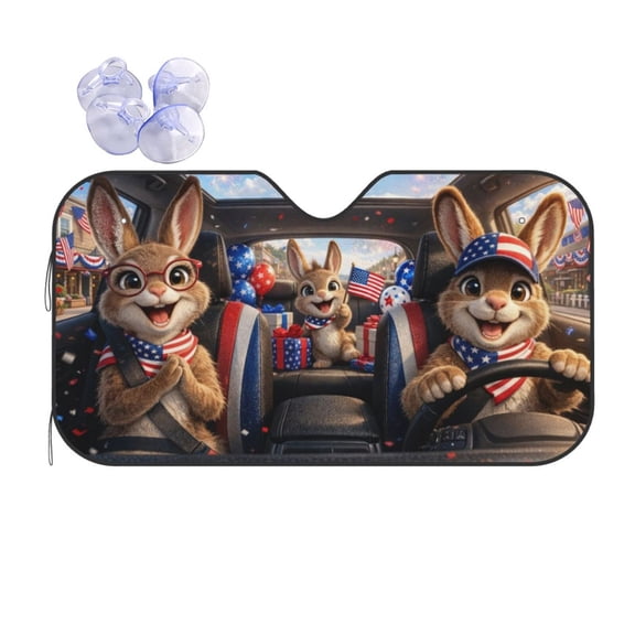 Car Windshield Sun Shade, Patriotic Rabbit Family Design Foldable Front Window Sunshade, UV Ray Reflector Auto Sun Visor Protector for Sedans SUV Truck Keeps Vehicle Cool