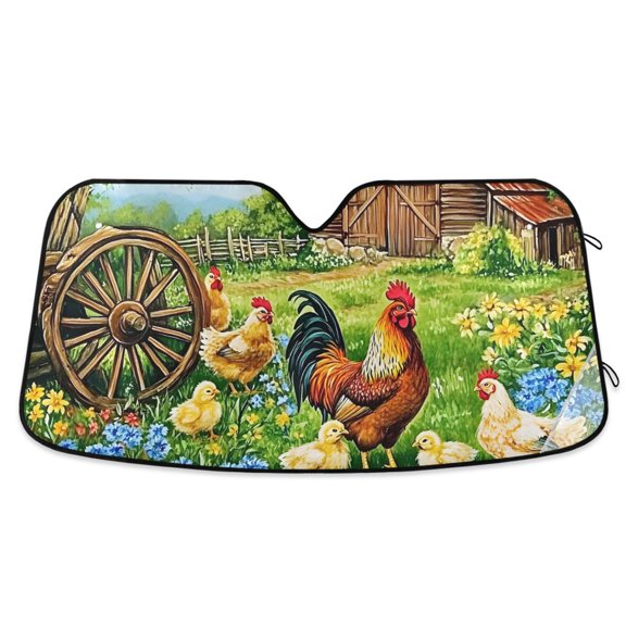 Car Windshield Sun Shade Red Barn Rooster Chicken Reflective Heat UV Blocker Foldable with Suction Cups Universal Fit for Sedan SUV Truck