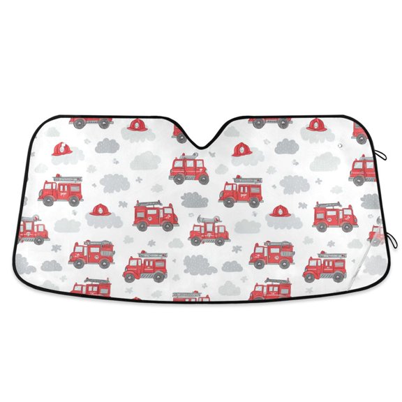 Car Windshield Sun Shade Red Fire Truck Reflective Heat UV Blocker Foldable with Suction Cups Universal Fit for Sedan SUV Truck