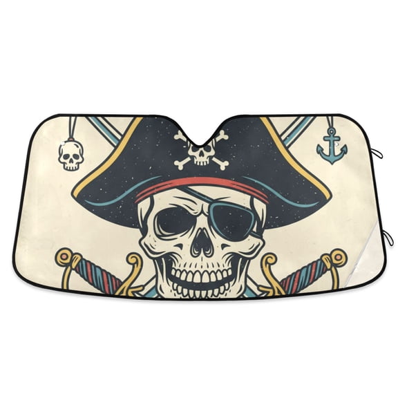 Car Windshield Sun Shade Skull Pirate Illustration Reflective Heat UV Blocker Foldable with Suction Cups Universal Fit for Sedan SUV Truck