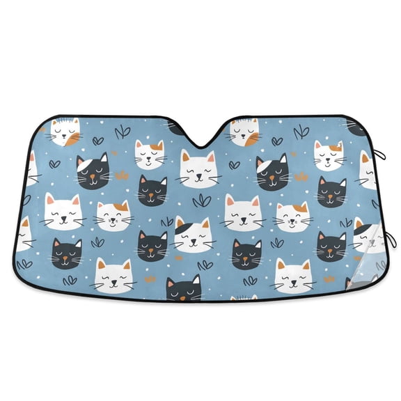 Car Windshield Sun Shade Vector with Cat Faces on A Blue Background Reflective Heat UV Blocker Foldable with Suction Cups Universal Fit for Sedan SUV Truck