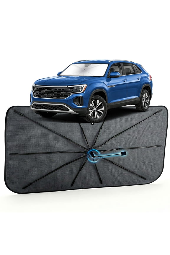 Car Windshield Sun Shade for Volkswagen Atlas Cross Sport 2020-2026 Reflective Coated Fabric Sunshade Umbrella for Front Window, UV Protection Heat Shield Sun Blocker Heat Reflector, 1:1 Exact Fit