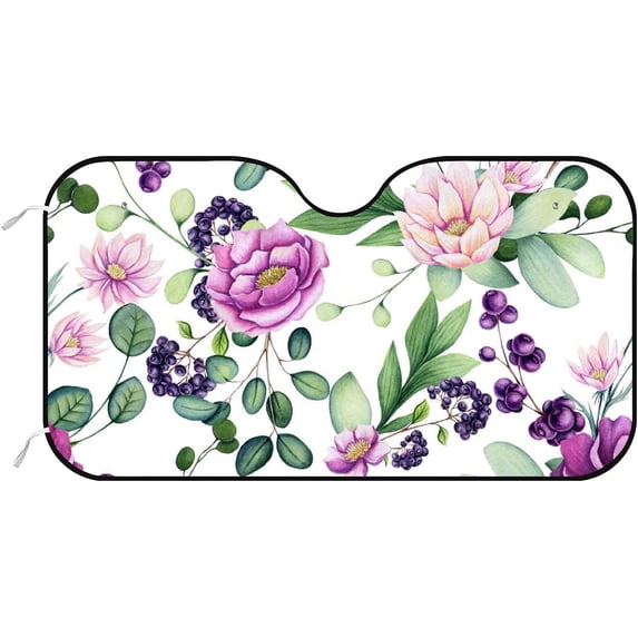 Car Windshield Sunshade Blocks Sun Visor Protector Watercolor Pink Flowers Purple Berries Foldable Sun Shield For Vehicle Car Truck SUV Van 51x27.5 Inch Keep Vehicle Cool