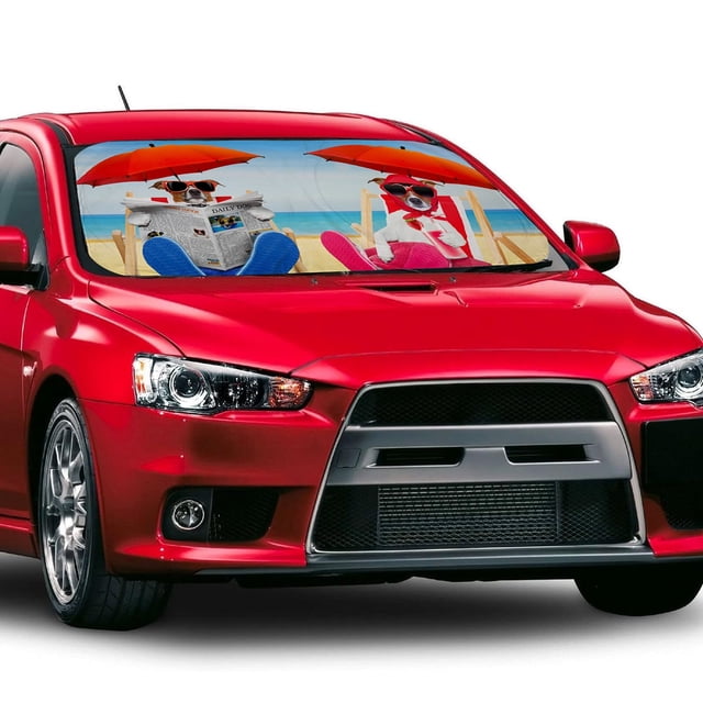 Car Windshield Sunshade, Dogs With Umbrella Pattern Front Auto Car Window Sunshade, Sun Visor Foldable Sunshade Protector (59x33.5in)
