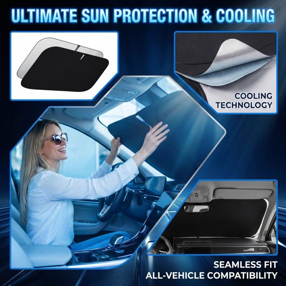 Car Windshield Sunshade for Sedan and SUV – Foldable Front Window Cover with Reflective UV Protection, Keeps Interior Cool, Prevents Dashboard Cracking & Fading, Polyester Material