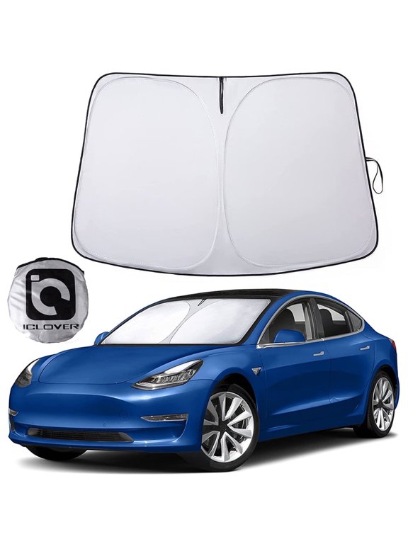 Car Windshield Sunshade for Tesla Model 3/Y, IC ICLOVER 240T Polyester Shield Front Auto Car Sun Shade Folding Silvering Sun Visor - UV Coating for UV Ray Deflector