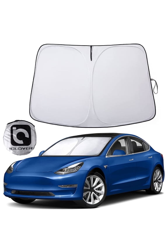 Car Windshield Sunshade for Tesla Model 3/Y, IC ICLOVER 240T Polyester Shield Front Auto Car Sun Shade Folding Silvering Sun Visor - UV Coating for UV Ray Deflector
