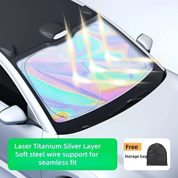 Car Windshield Sunshade with Laser Titanium Silver Layer, UV Protection Sun Shade for Car Front Window, Universal Fit with Storage Bag