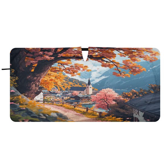 Car Windshield Sunshade with Ring - Foldable UV Protection Sun Shade for Front/Back Window, Heat Insulation,Autumn Trees