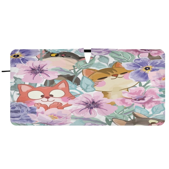 Car Windshield Sunshade with Ring - Foldable UV Protection Sun Shade for Front/Back Window, Heat Insulation,Cute Cartoon Cats