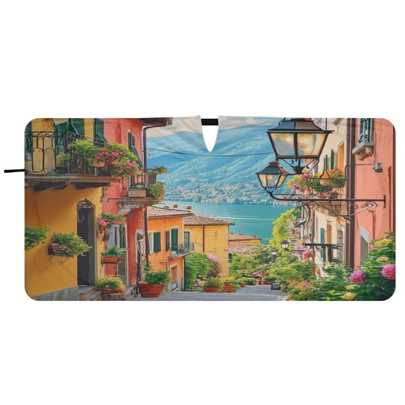 Car Windshield Sunshade with Ring - Foldable UV Protection Sun Shade for Front/Back Window, Heat Insulation,House Surrounded by Flowers