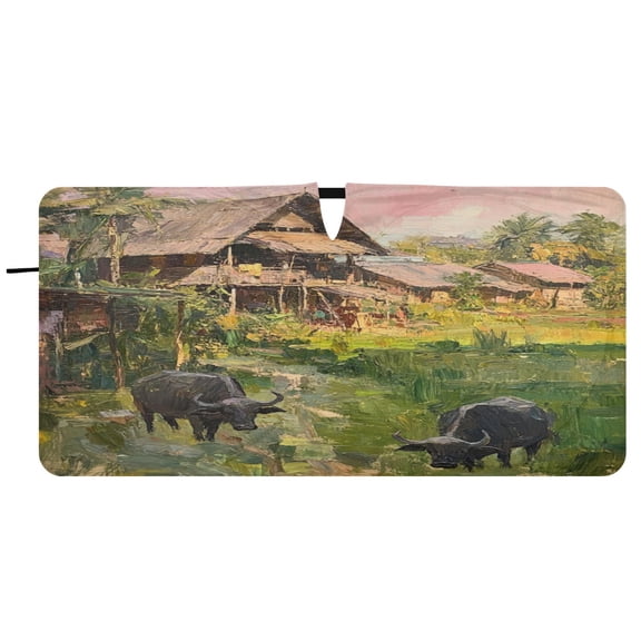 Car Windshield Sunshade with Ring - Foldable UV Protection Sun Shade for Front/Back Window, Heat Insulation,Houses and Cows