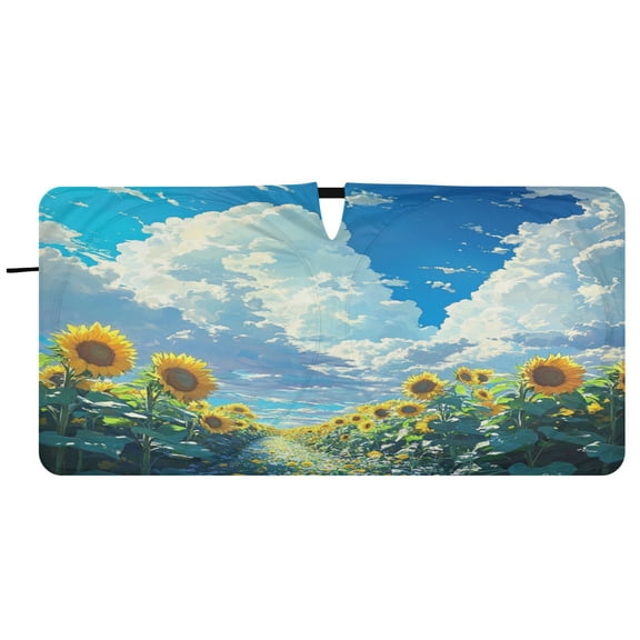 Car Windshield Sunshade with Ring - Foldable UV Protection Sun Shade for Front/Back Window, Heat Insulation,Sunflower Avenue
