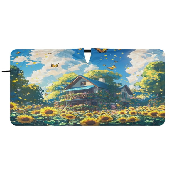 Car Windshield Sunshade with Ring - Foldable UV Protection Sun Shade for Front/Back Window, Heat Insulation,Sunflowers
