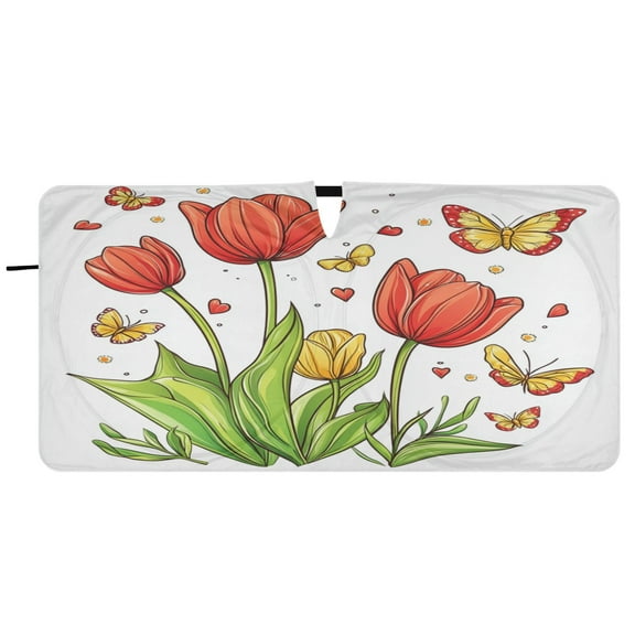Car Windshield Sunshade with Ring - Foldable UV Protection Sun Shade for Front/Back Window, Heat Insulation,Ttulips and Butterflies