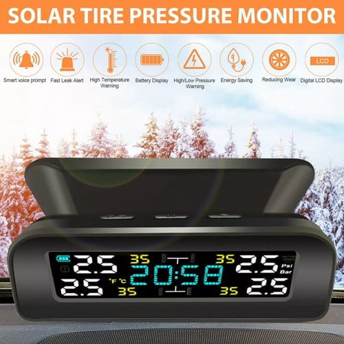 Car Wireless Solar LCD Tire Pressure Monitoring System w/4 External Sensors