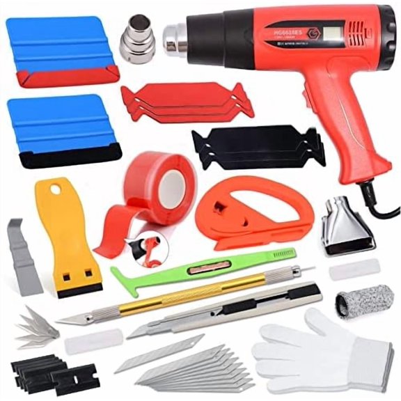 Car Wrap Kit Heat Gun for Vinyl Wrap Application & Window Tint Installation Vehicle Wrapping Tools, Includes Wrap Squeegee and Spare Felt, Micro Squeegee, Film Cutter, Vinyl Scraper, Gloves