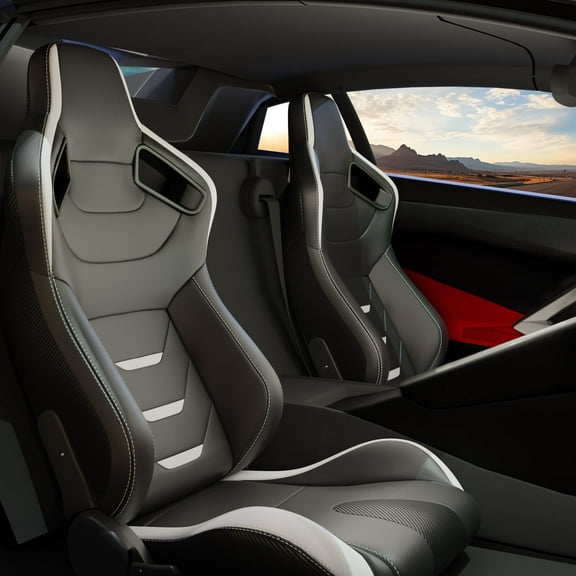 Car accessories 2PC Universal Bucket Racing Seats White Stitch White PVC Leather Reclinable Carbon Look Leather Back With Adjustor Slider(Not Including Seat Bracket ) 1 box of 2 pieces,Car accessorie