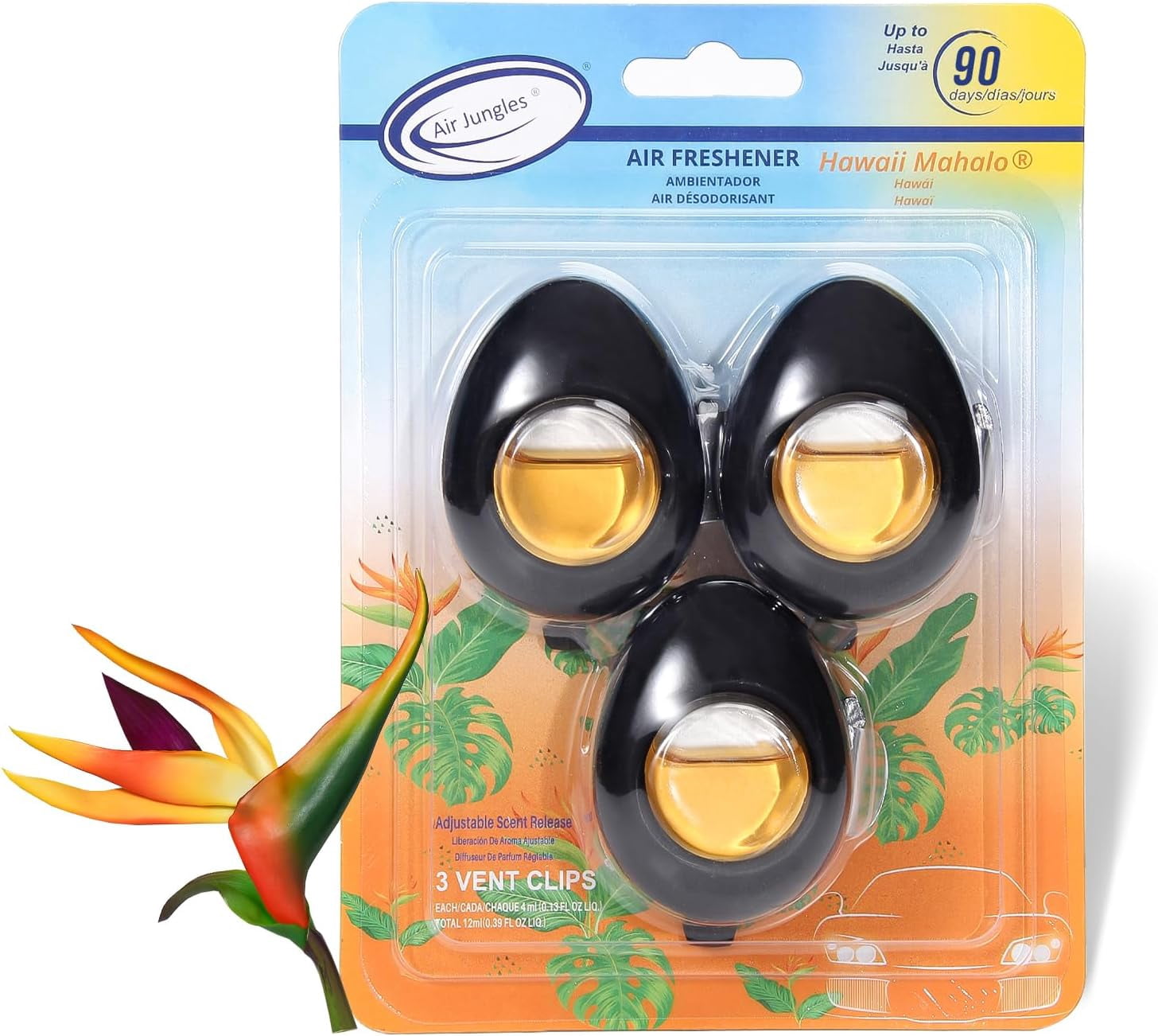 Car air freshener vent clip 3-pack, Hawaiian Mahalo scent, each 4 milliliters, long-lasting car deodorizer, easy clip-on design, provides up to 90 days of freshness for cars, trucks, and