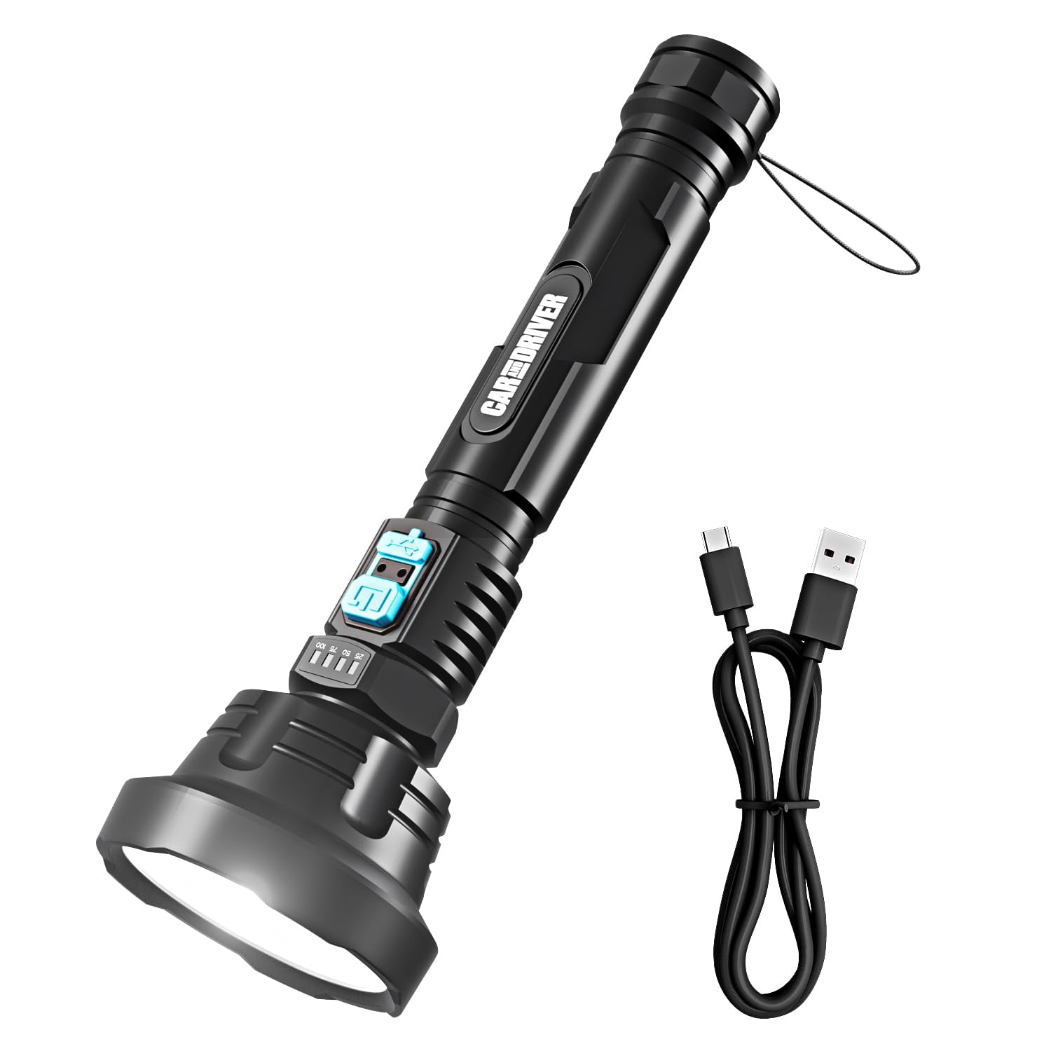 Car and Driver CAD-KH1027 1,000 Lumen Rechargeable Flashlight – Hybrid Wide/Narrow Beam LED Torch with 3 Light Modes & 1,800mAh USB Battery