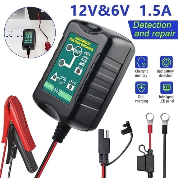 MDHAND 12V/6V, 1.5A Automatic Battery Charger and Maintainer, Trickle Charger for Car Motorcycle