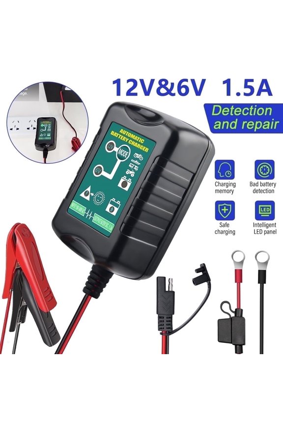 12V/6V, 1.5A Automatic Battery Charger and Maintainer, Trickle Charger for Car Motorcycle
