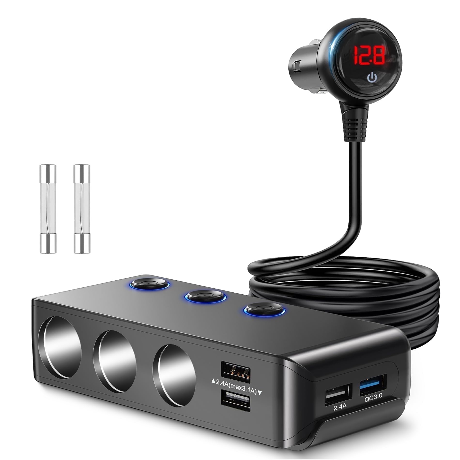 Car charger,fast charging, including 4 USB ports + 3 cigarette lighter ports, suitable for mobile phones, tablets and other electronic devices