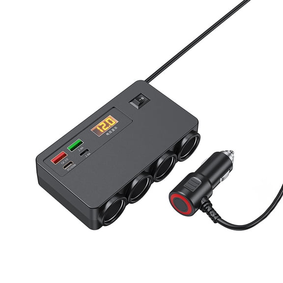 Car cigarette lighter with 4 outlets, 12V/24V, suitable for cars and trucks, with voltage display