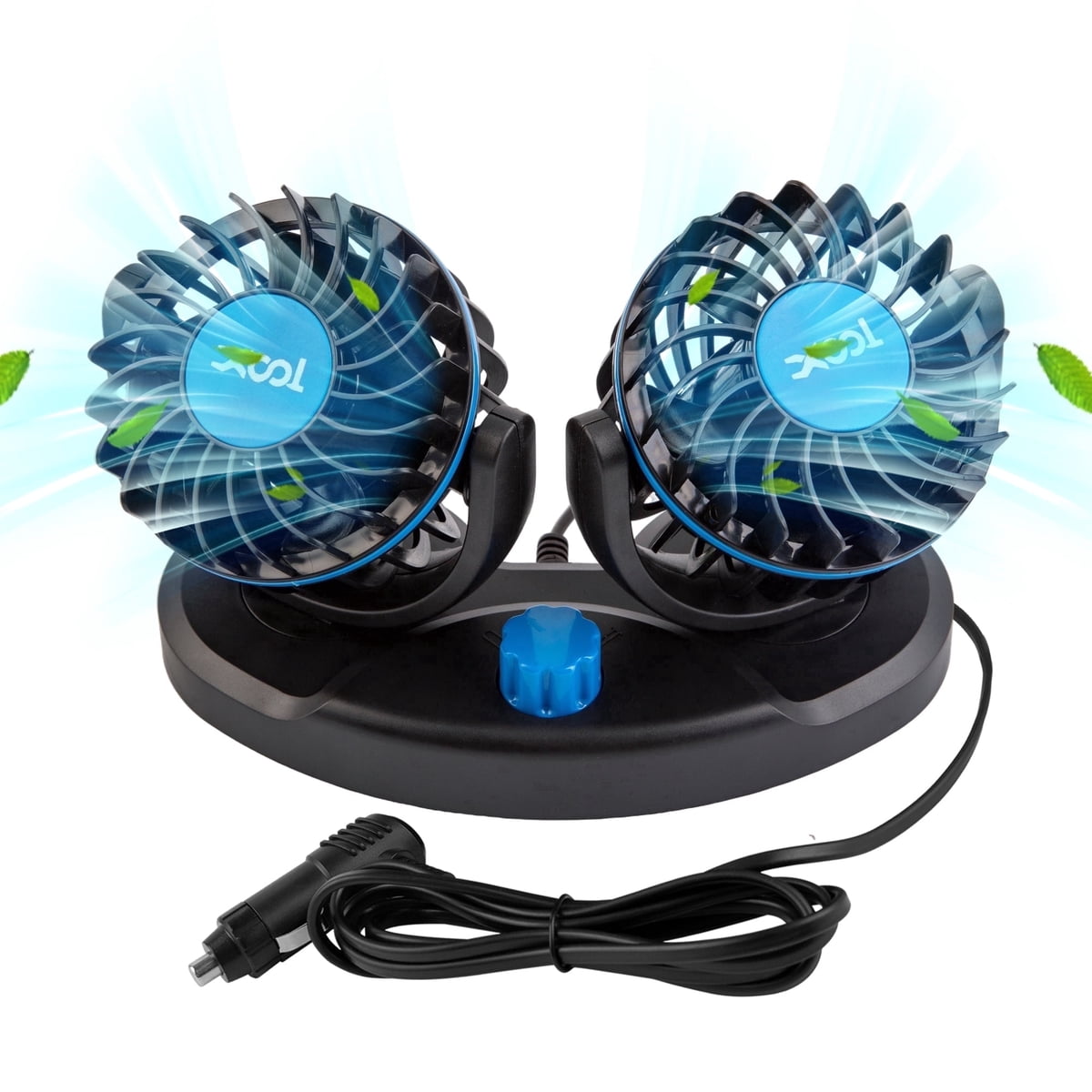 Double Head Car Fan mounted on dashboard with cigarette lighter plug