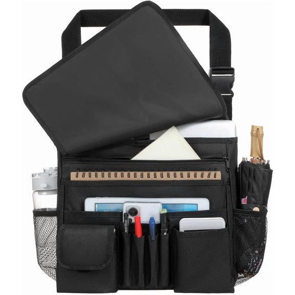 Car front seat organizer, for files, laptop mobile office, multi-compartment storage bag with cup holder and adjustable shoulder strap, suitable for car work trucks vans