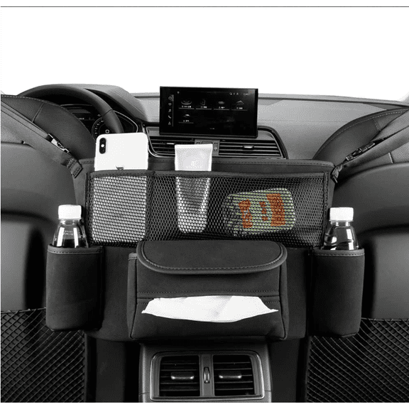 Car handbag holder with suede leather between seats, large capacity car wallet holder, car console and file storage organizer for mobile phones, car organizer