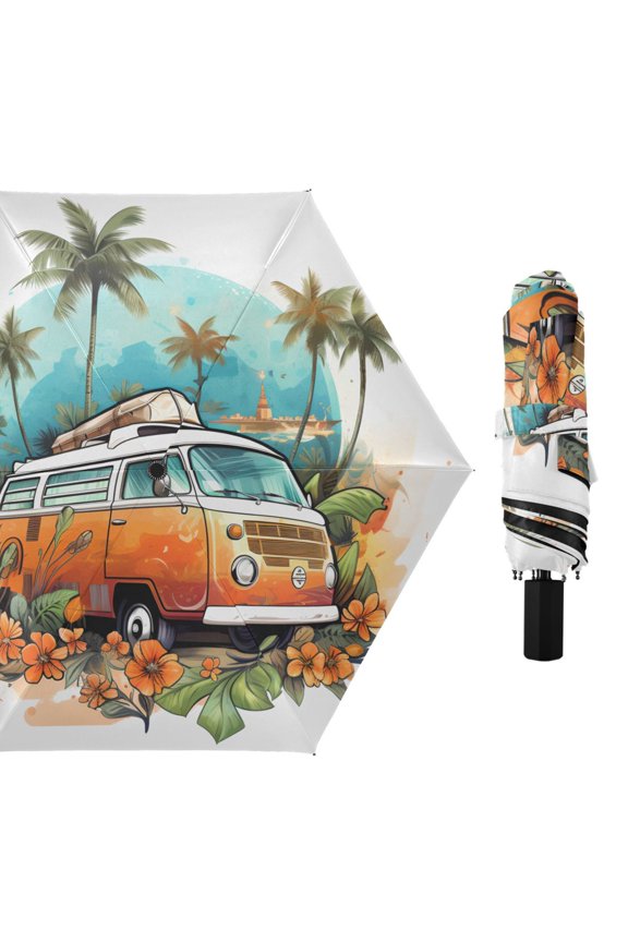 Car in Forest Compact Sun Umbrella Windproof Travel Umbrellas for Rain Strong Portable UV Protection