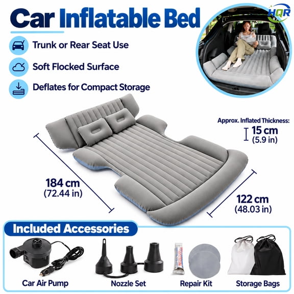 SUV Air Mattress for Car Camping, Inflatable Trunk Bed with Car Cigarette Lighter Pump and 2 Pillows, Flocked Surface, 72.4 x 48 x 5.9 in, Gray